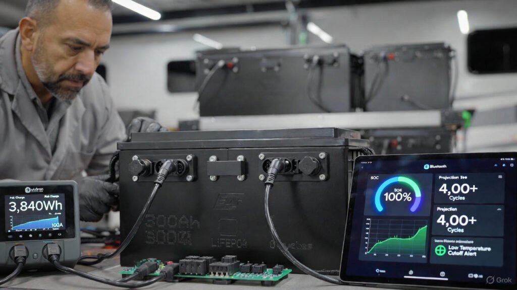 Epoch 300Ah Elite LiFePO4 Battery Review 2025: The Ultimate Off-Grid Power Solution for RVs and Marine Epoch 300Ah Elite LiFePO4 battery review 2025 RV lab test setup with BMS app and solar charge.